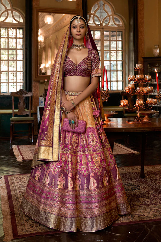 Yellow with Purple Maharani Style Soft Silk Designer Lahenga Choli for Woman