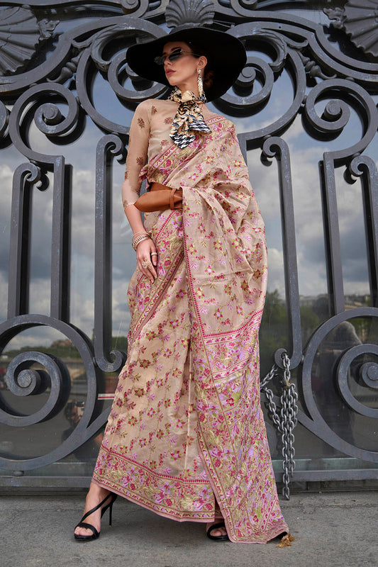 Thulian Pink Floral Border Kashmiri Silk Saree with Pretty Blouse