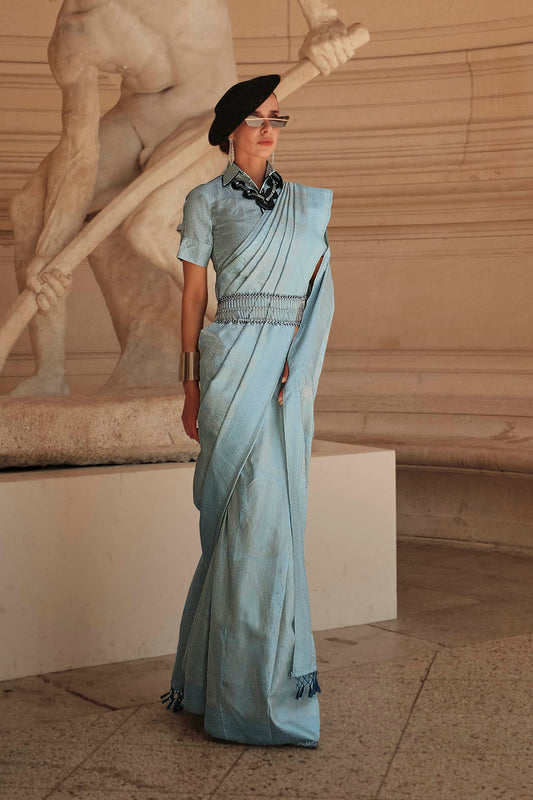 Baby Blue Kanjeevaram Silk Saree with Same Colored Designer Blouse