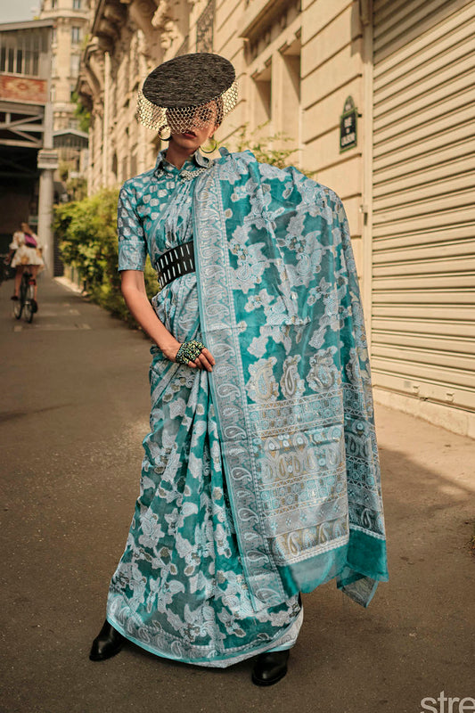 Powder Blue & White Floral Design Lucknowi Chikan Kari Saree with Designer Blouse