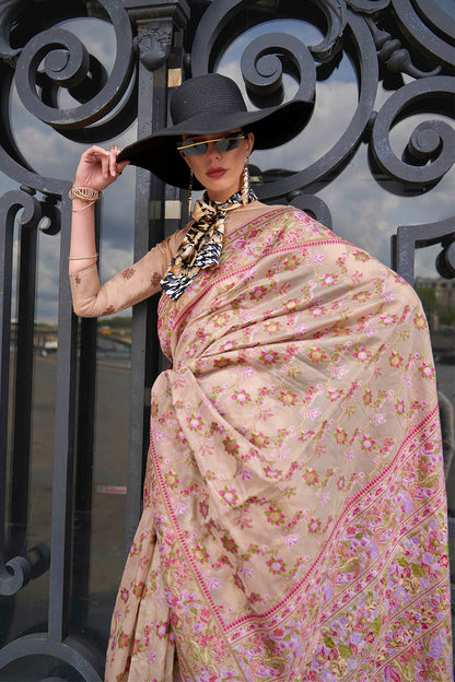 Thulian Pink Floral Border Kashmiri Silk Saree with Pretty Blouse