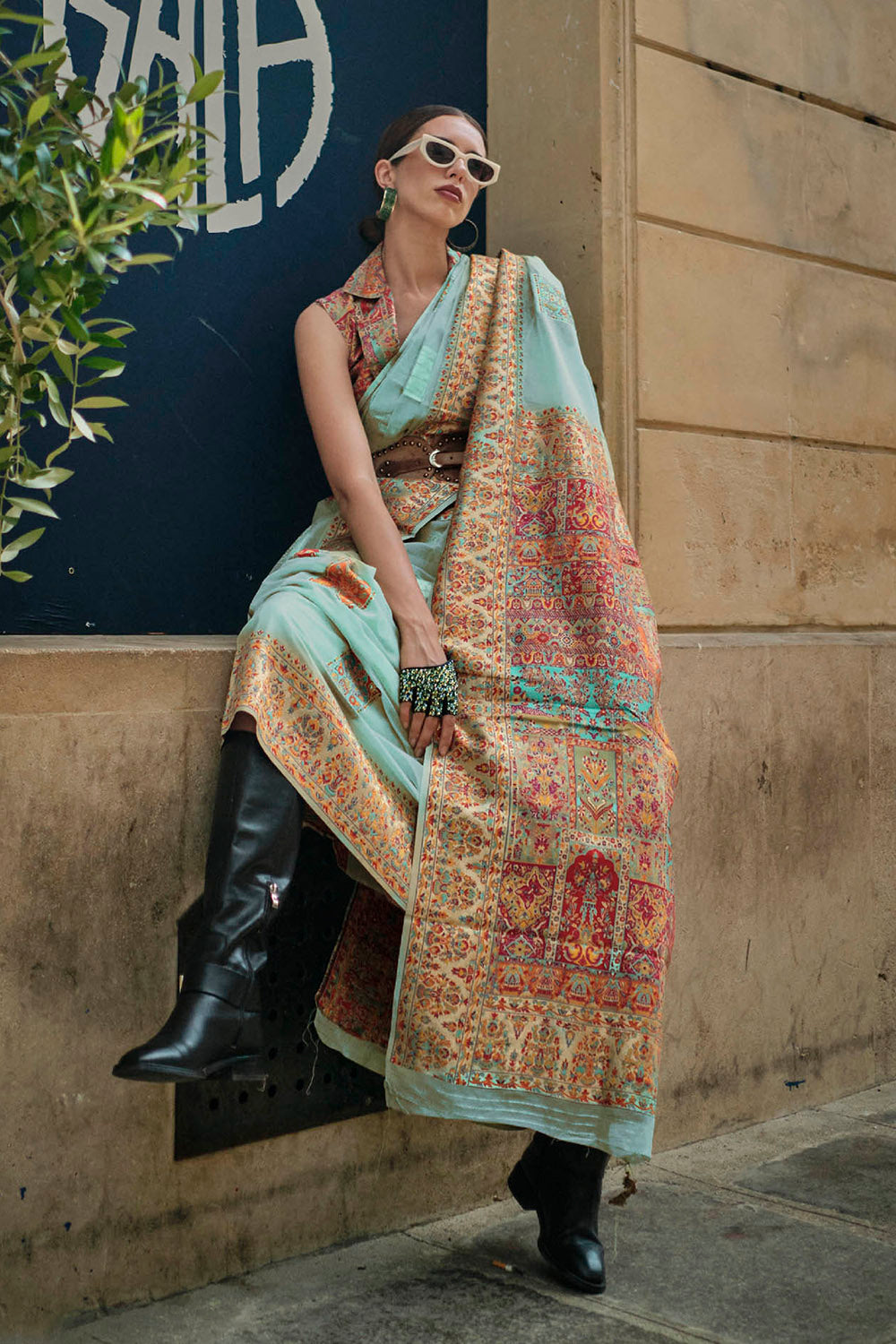 Light Blue Kashmiri Silk Saree with Sleeve Less Designer Blouse