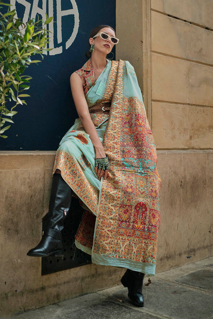 Light Blue Kashmiri Silk Saree with Sleeve Less Designer Blouse