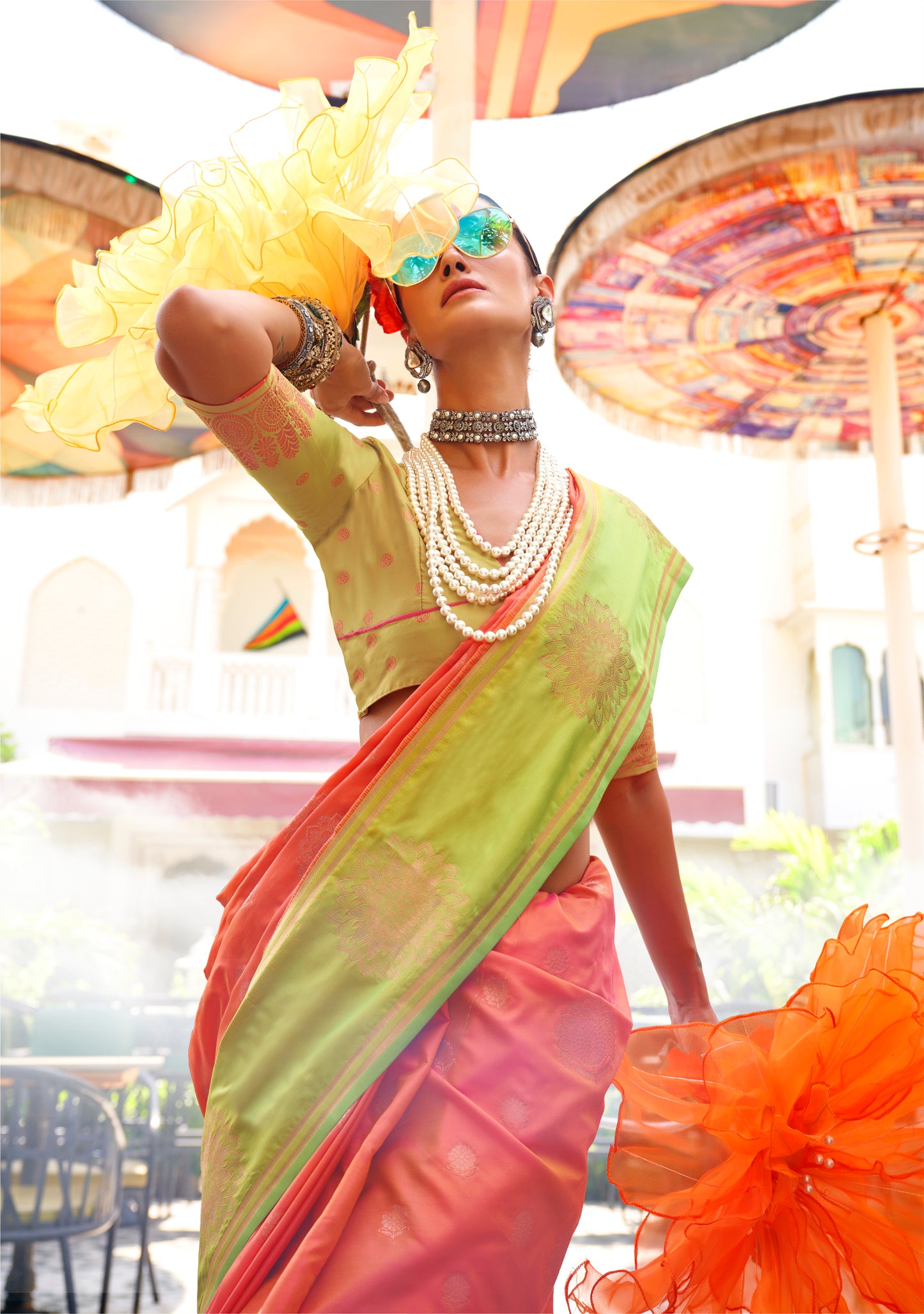 Brick Pink & Lime Green Kanjeevaram Silk Saree with Lime Green Designer Blouse