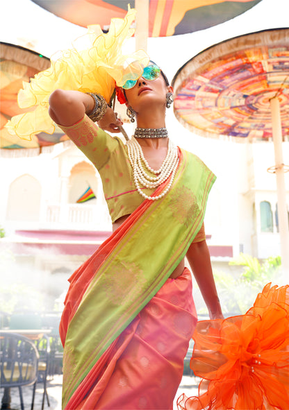 Brick Pink & Lime Green Kanjeevaram Silk Saree with Lime Green Designer Blouse