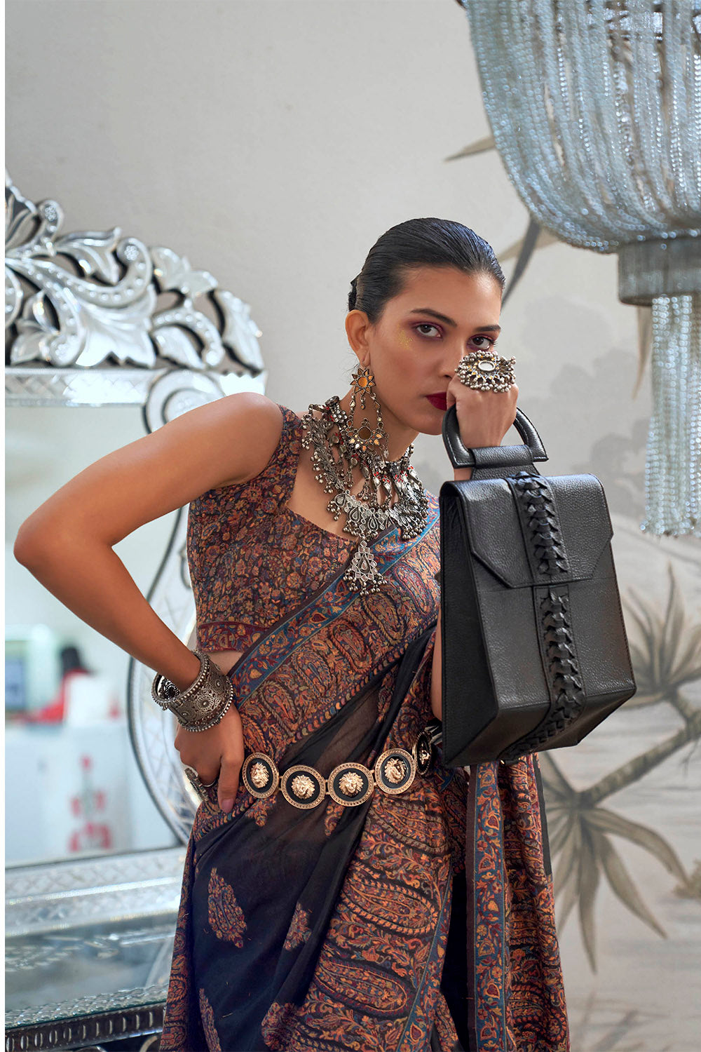 Black & Golden Border Kashmiri Saree with Designer Sleeve Less Blouse