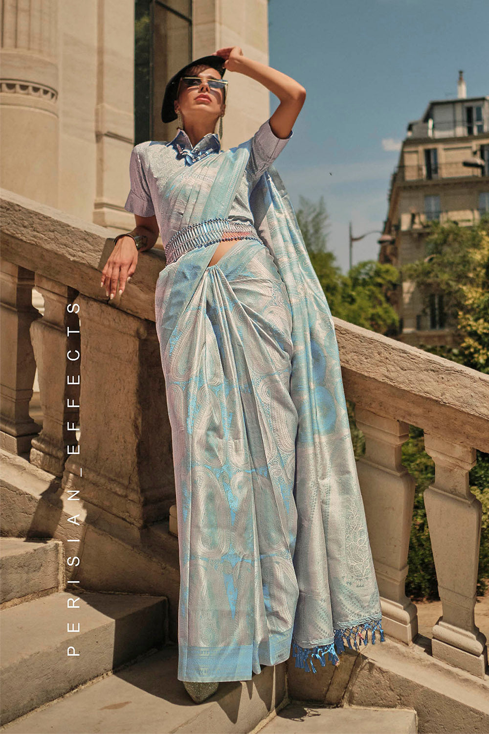 Baby Blue Kanjeevaram Silk Saree with Same Colored Designer Blouse
