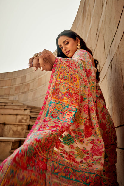 Carnation Pink Kashmiri Silk Saree with Designer Blouse