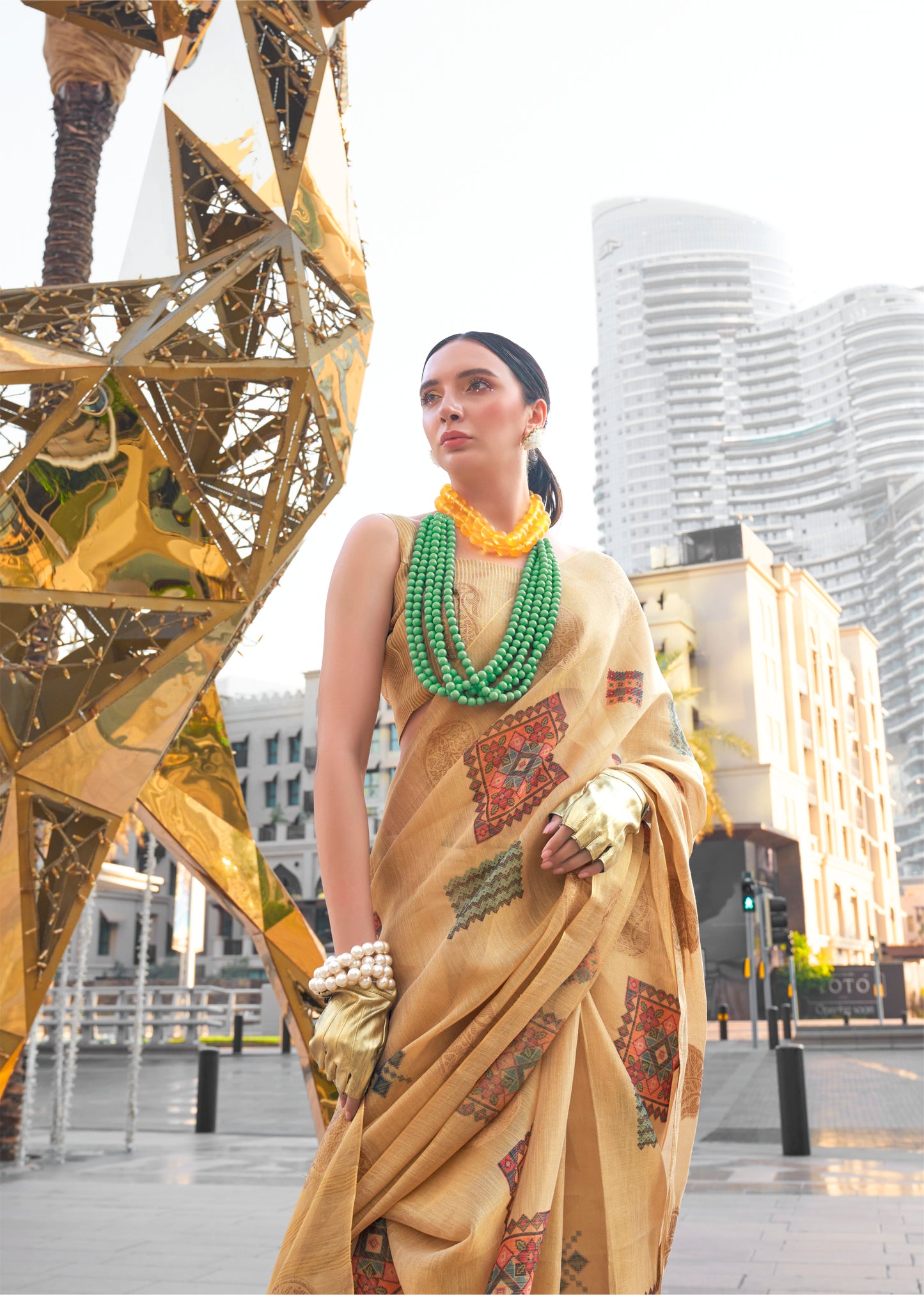 Flax Yellow Tissue Silk Saree with Contrast Same Colored Blouse