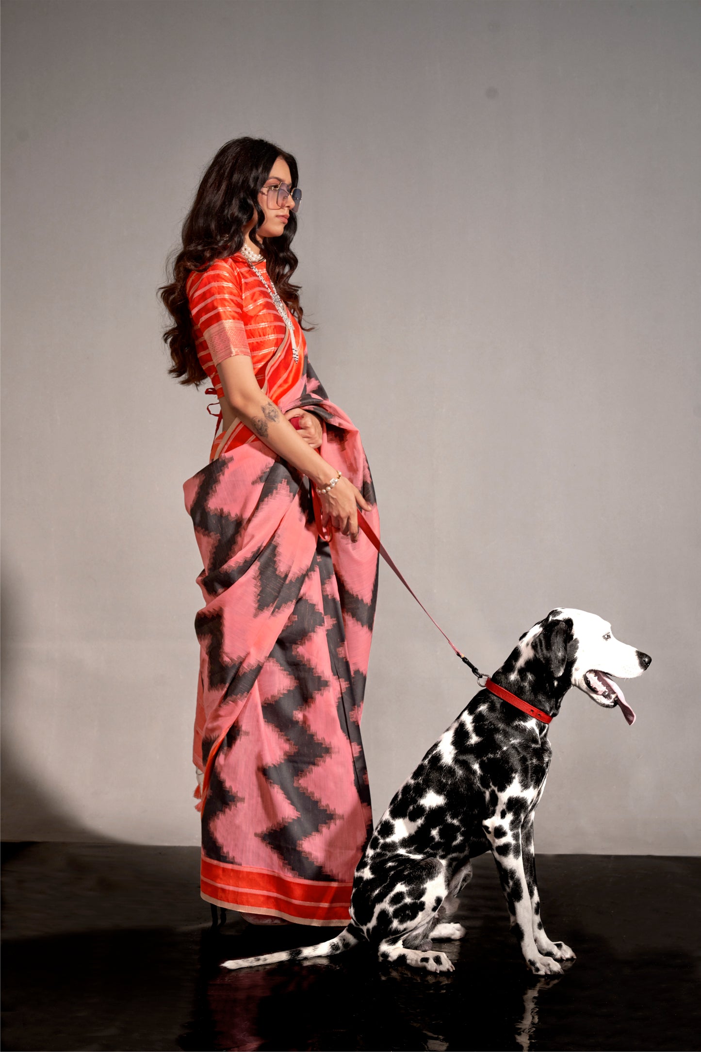 Red & Cerise Pink Designer Saree with Red Designer Blouse