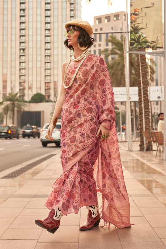 Brick Pink Organza Saree with Contrast Designer Same Colored Blouse