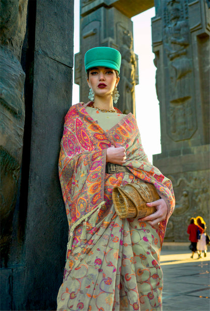 Tea Light Green Kashmiri Kani Silk Saree with Designer Blouse