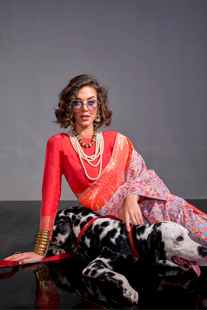 Helio Purple & Red Border Kashmiri Silk Saree with Same Colored Blouse