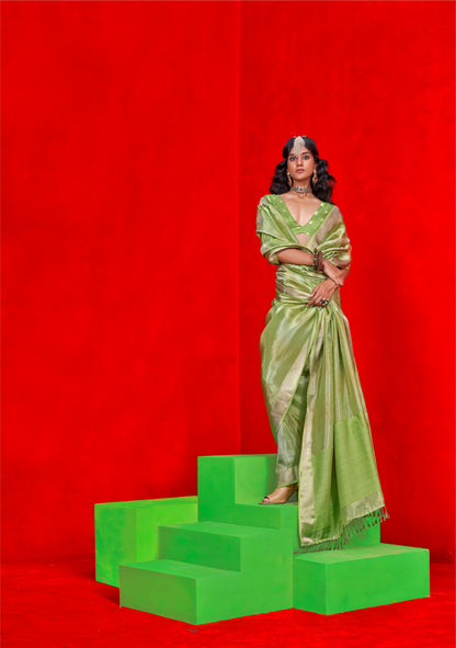 Sage Green & Golden border Kanjeevaram Silk Saree with Designer Blouse