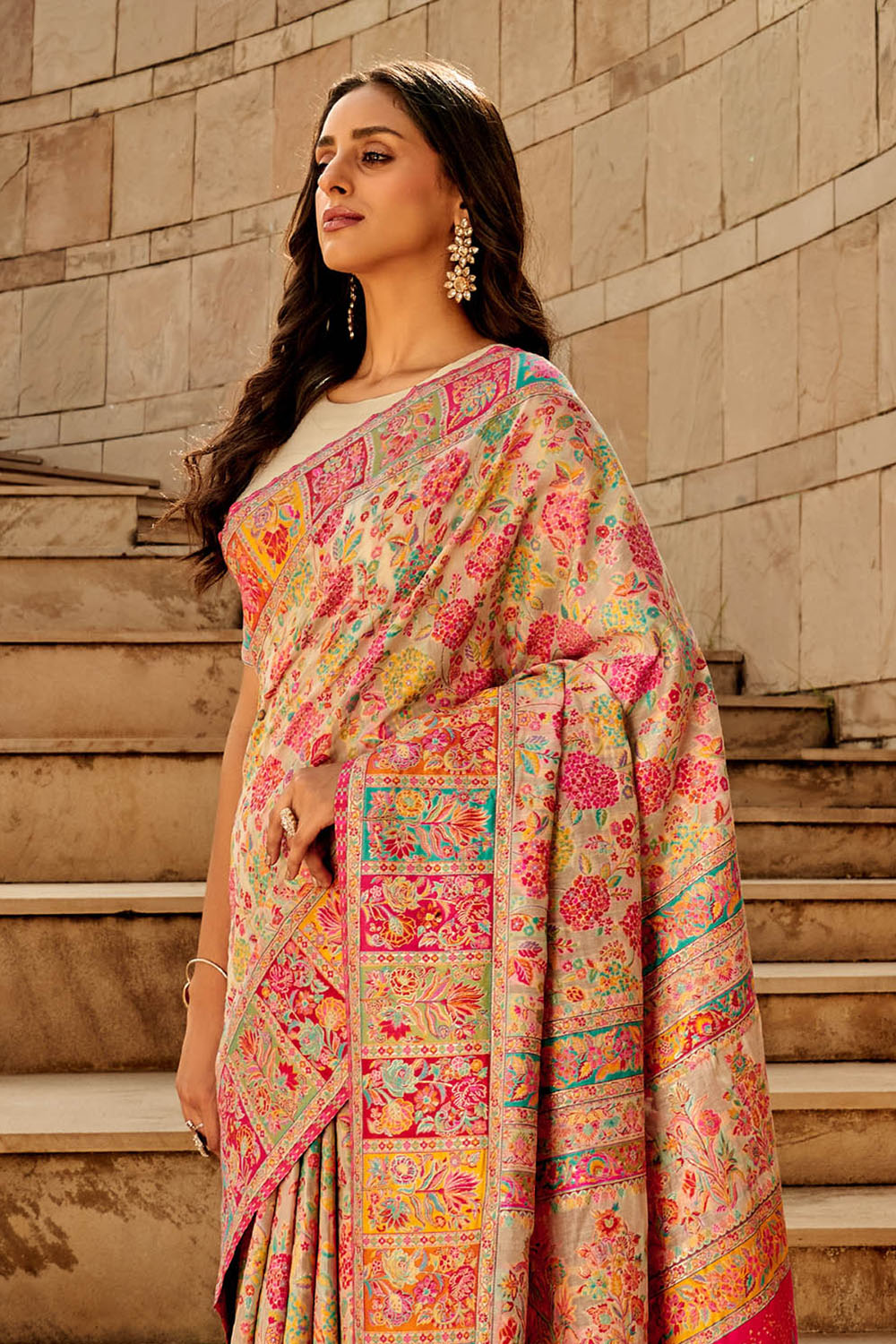Carnation Pink Kashmiri Silk Saree with Designer Blouse