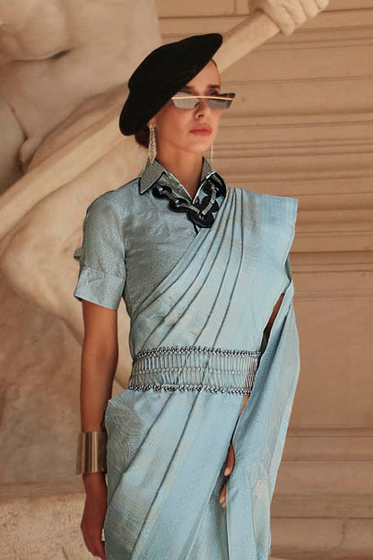 Baby Blue Kanjeevaram Silk Saree with Same Colored Designer Blouse