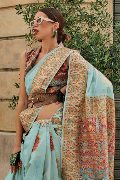 Light Blue Kashmiri Silk Saree with Sleeve Less Designer Blouse
