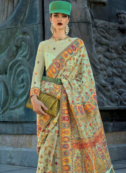 Tea Light Green Kashmiri Kani Silk Saree with Designer Blouse