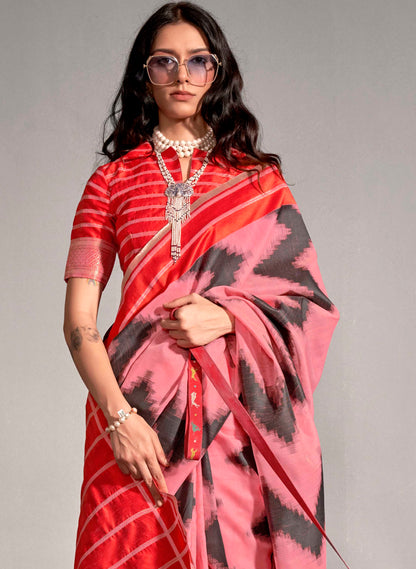 Red & Cerise Pink Designer Saree with Red Designer Blouse