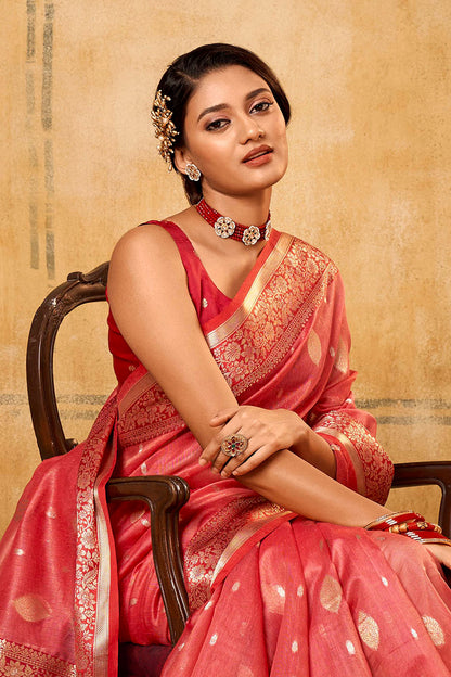 Candy Apple Red & Golden Butti Banarasi Silk Saree with Red Fancy Sleeve Less Blouse
