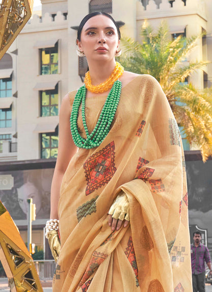 Flax Yellow Tissue Silk Saree with Contrast Same Colored Blouse
