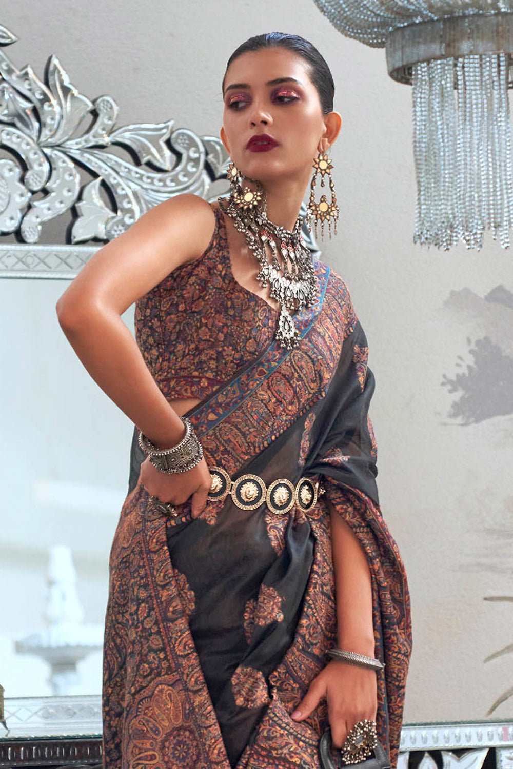 Black & Golden Border Kashmiri Saree with Designer Sleeve Less Blouse