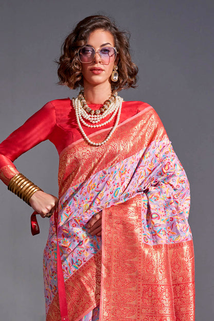 Helio Purple & Red Border Kashmiri Silk Saree with Same Colored Blouse