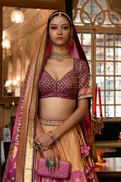 Yellow with Purple Maharani Style Soft Silk Designer Lahenga Choli for Woman