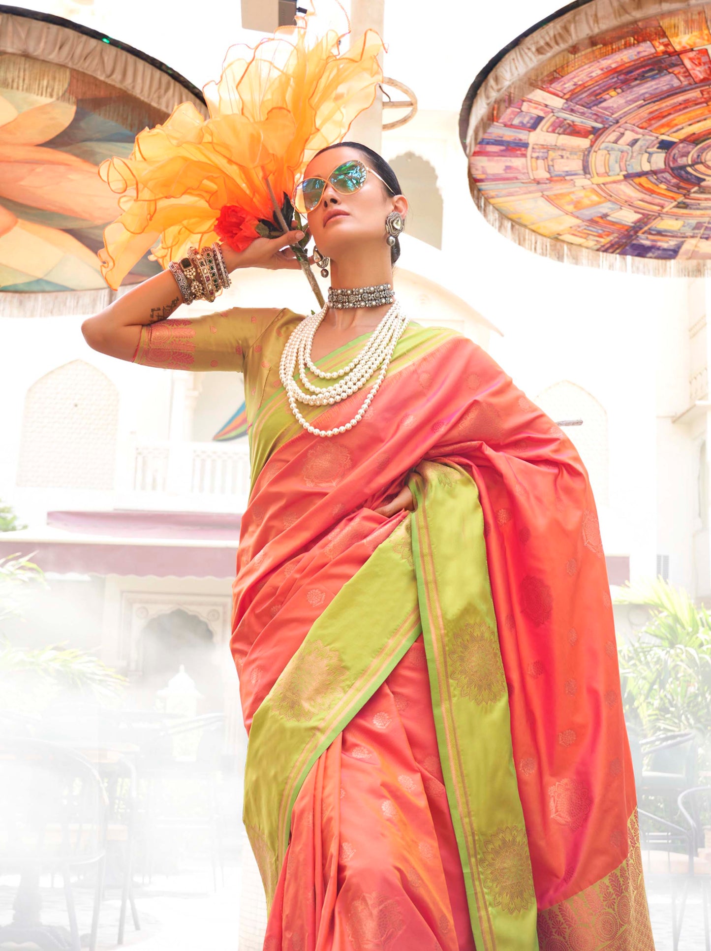 Brick Pink & Lime Green Kanjeevaram Silk Saree with Lime Green Designer Blouse