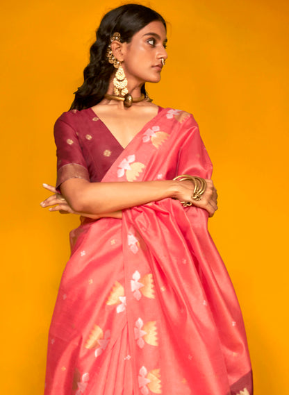 Brick Pink & Carmine Red Satin Silk Saree with Pretty Blouse