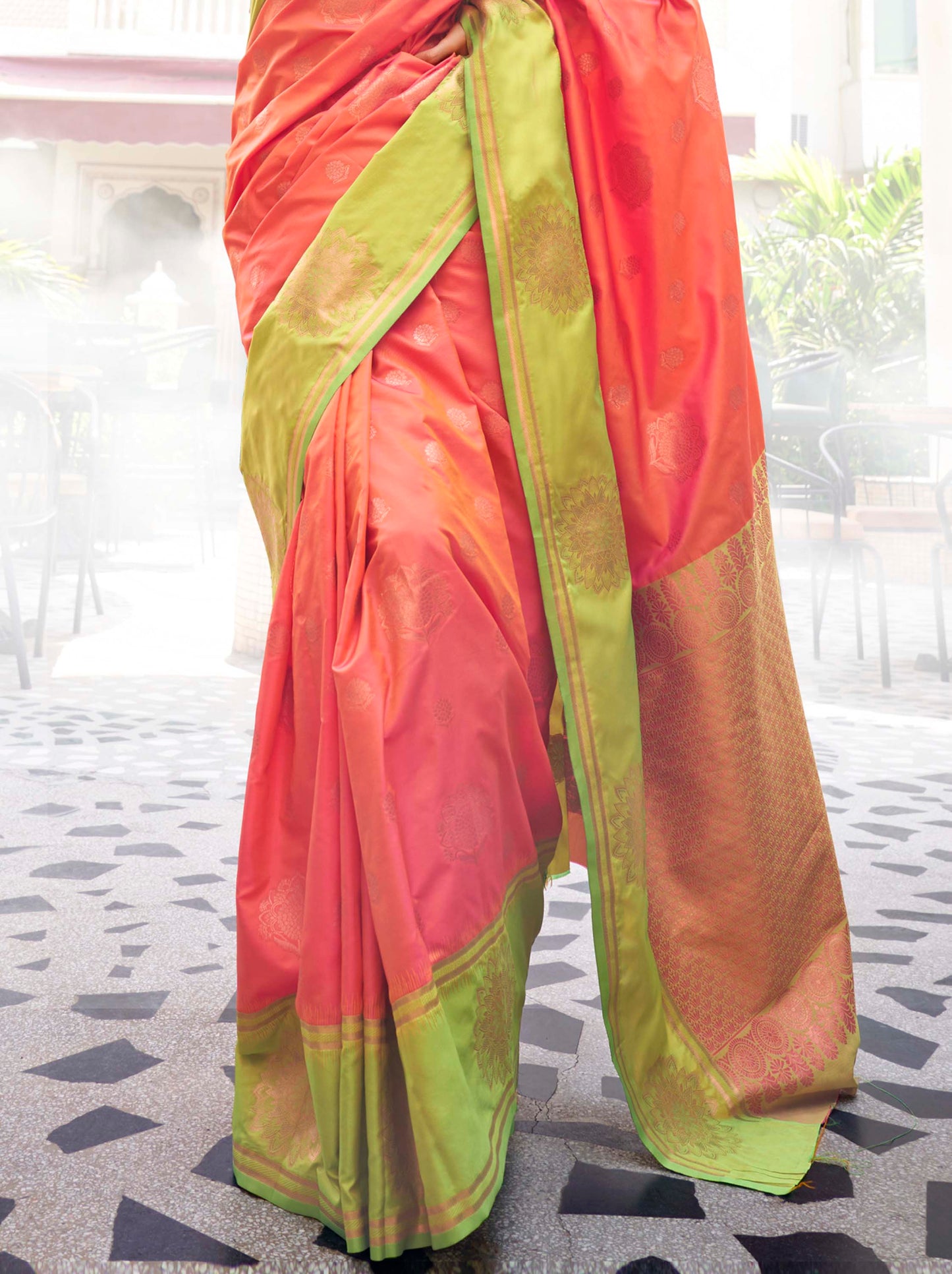 Brick Pink & Lime Green Kanjeevaram Silk Saree with Lime Green Designer Blouse