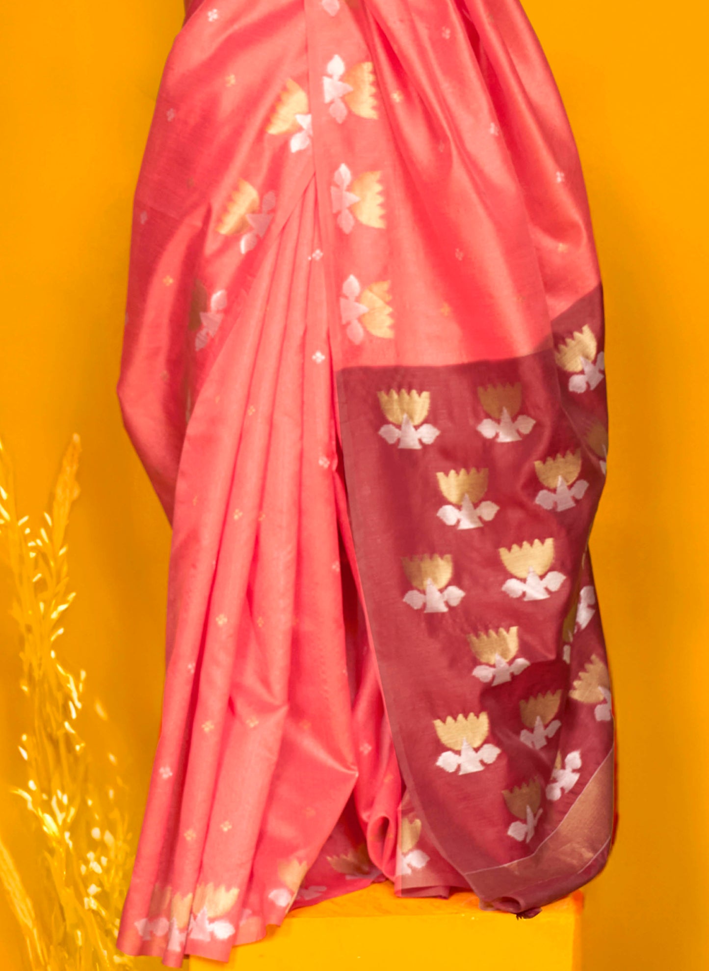 Brick Pink & Carmine Red Satin Silk Saree with Pretty Blouse