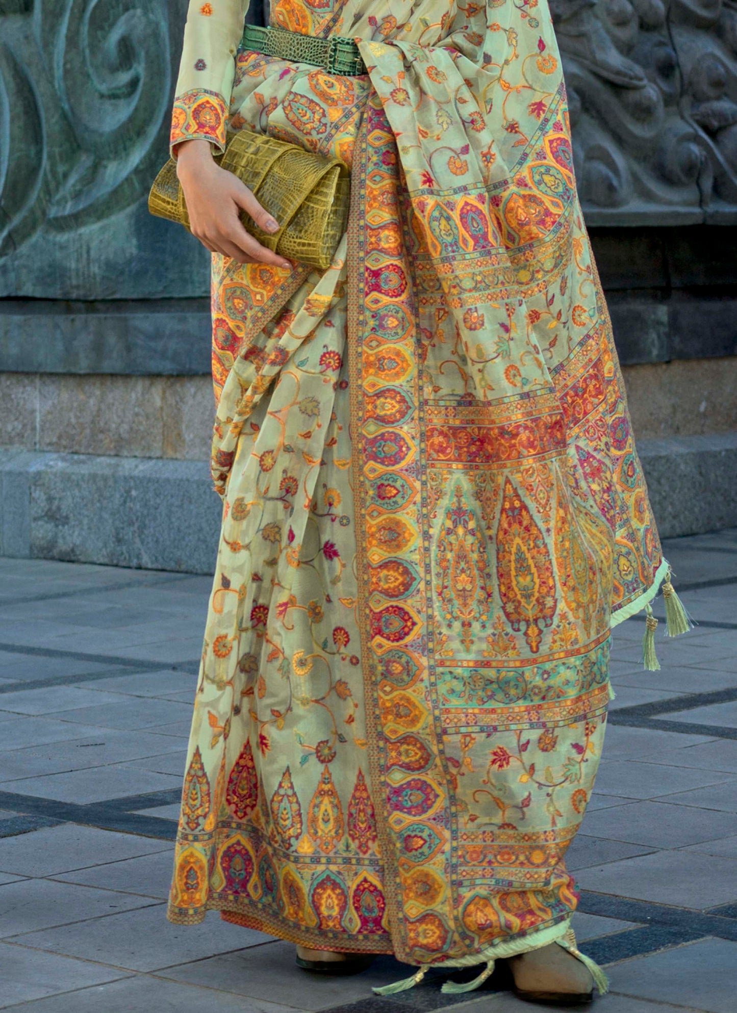 Tea Light Green Kashmiri Kani Silk Saree with Designer Blouse
