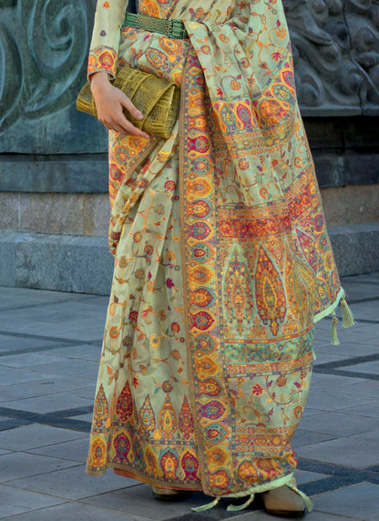 Tea Light Green Kashmiri Kani Silk Saree with Designer Blouse
