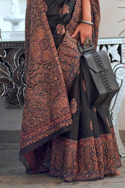 Black & Golden Border Kashmiri Saree with Designer Sleeve Less Blouse