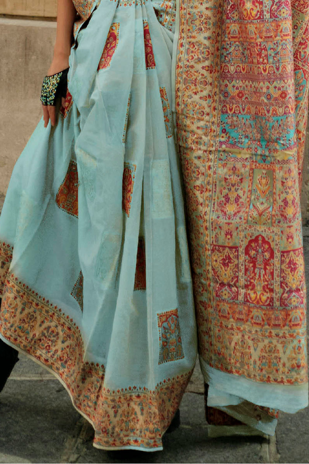 Light Blue Kashmiri Silk Saree with Sleeve Less Designer Blouse