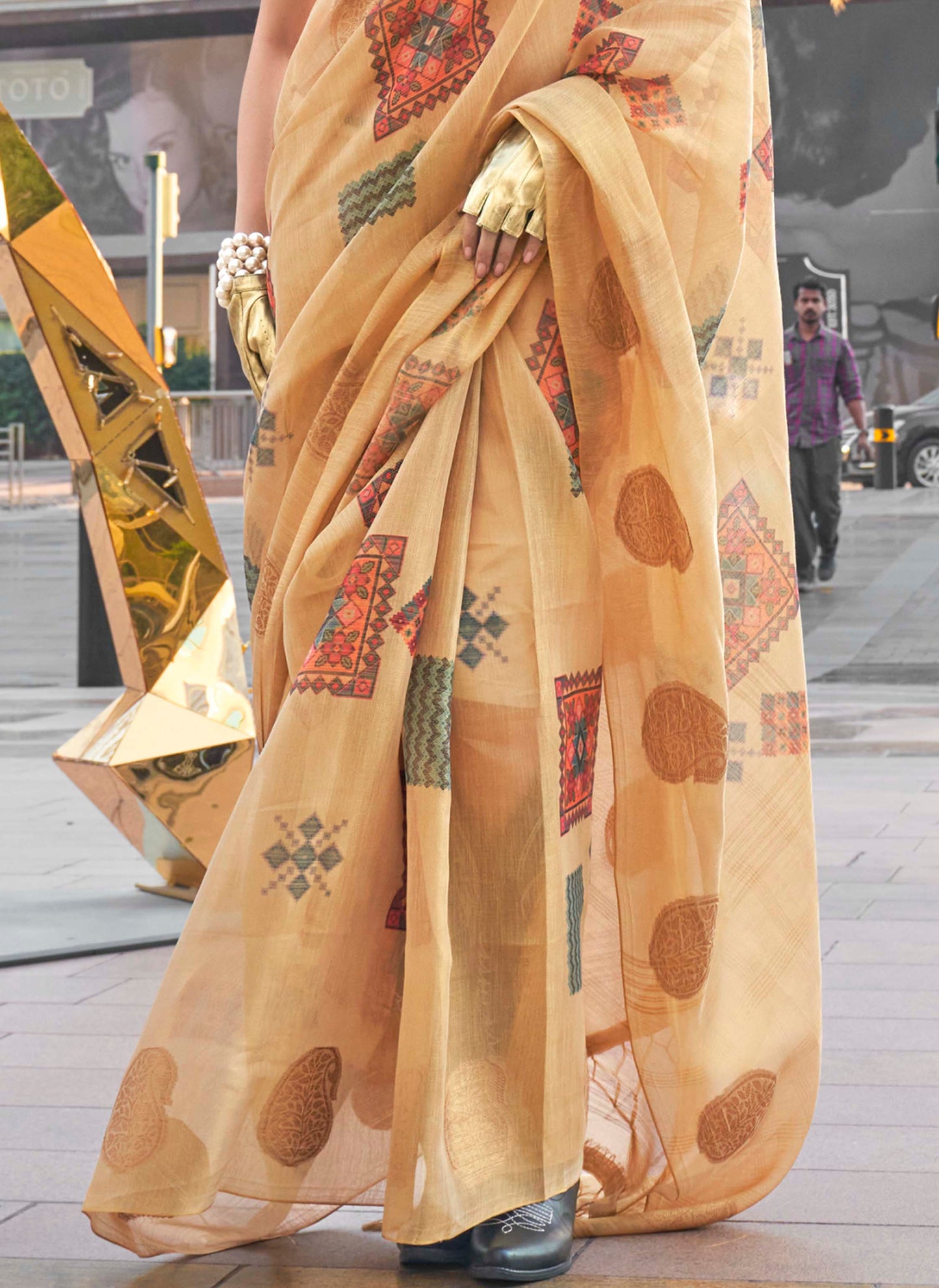 Flax Yellow Tissue Silk Saree with Contrast Same Colored Blouse