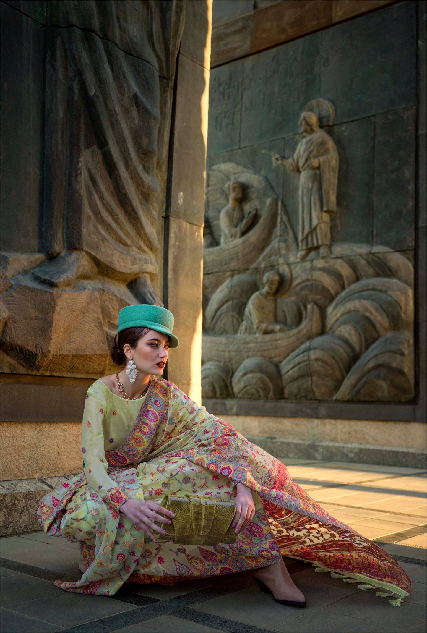 Tea Light Green Kashmiri Kani Silk Saree with Designer Blouse