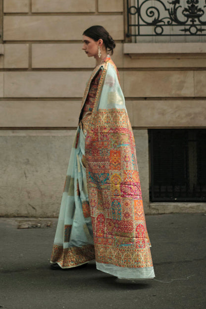 Light Blue Kashmiri Silk Saree with Sleeve Less Designer Blouse