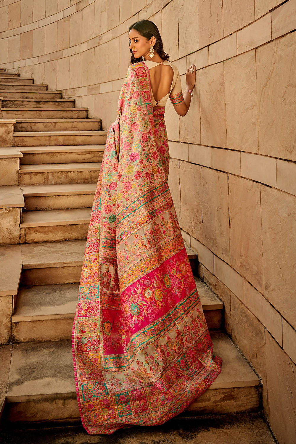 Carnation Pink Kashmiri Silk Saree with Designer Blouse