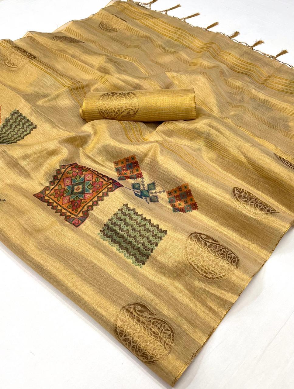 Flax Yellow Tissue Silk Saree with Contrast Same Colored Blouse