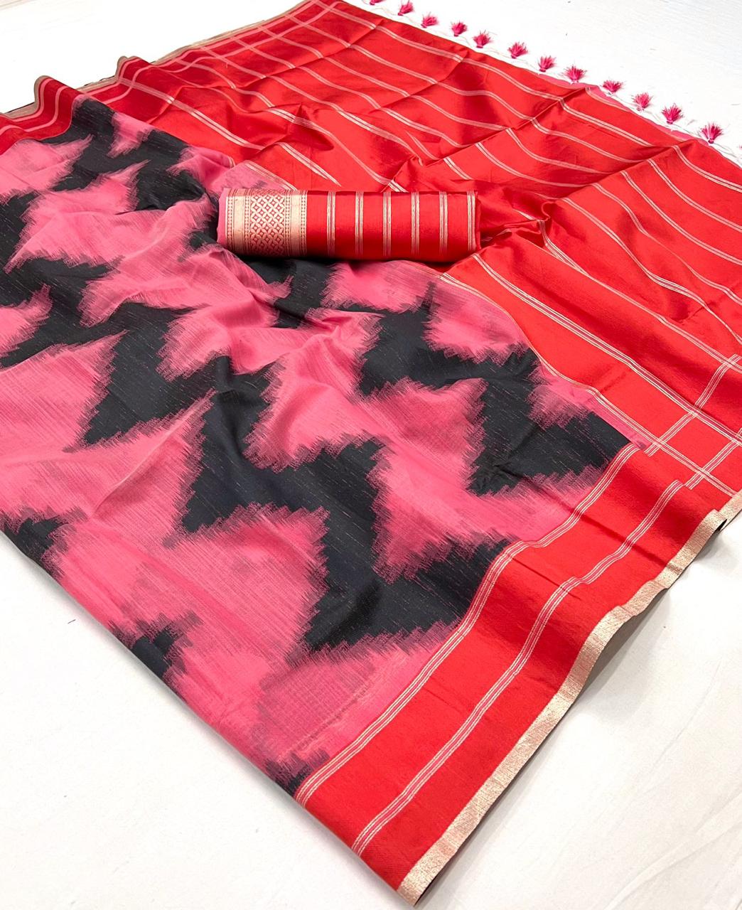 Red & Cerise Pink Designer Saree with Red Designer Blouse