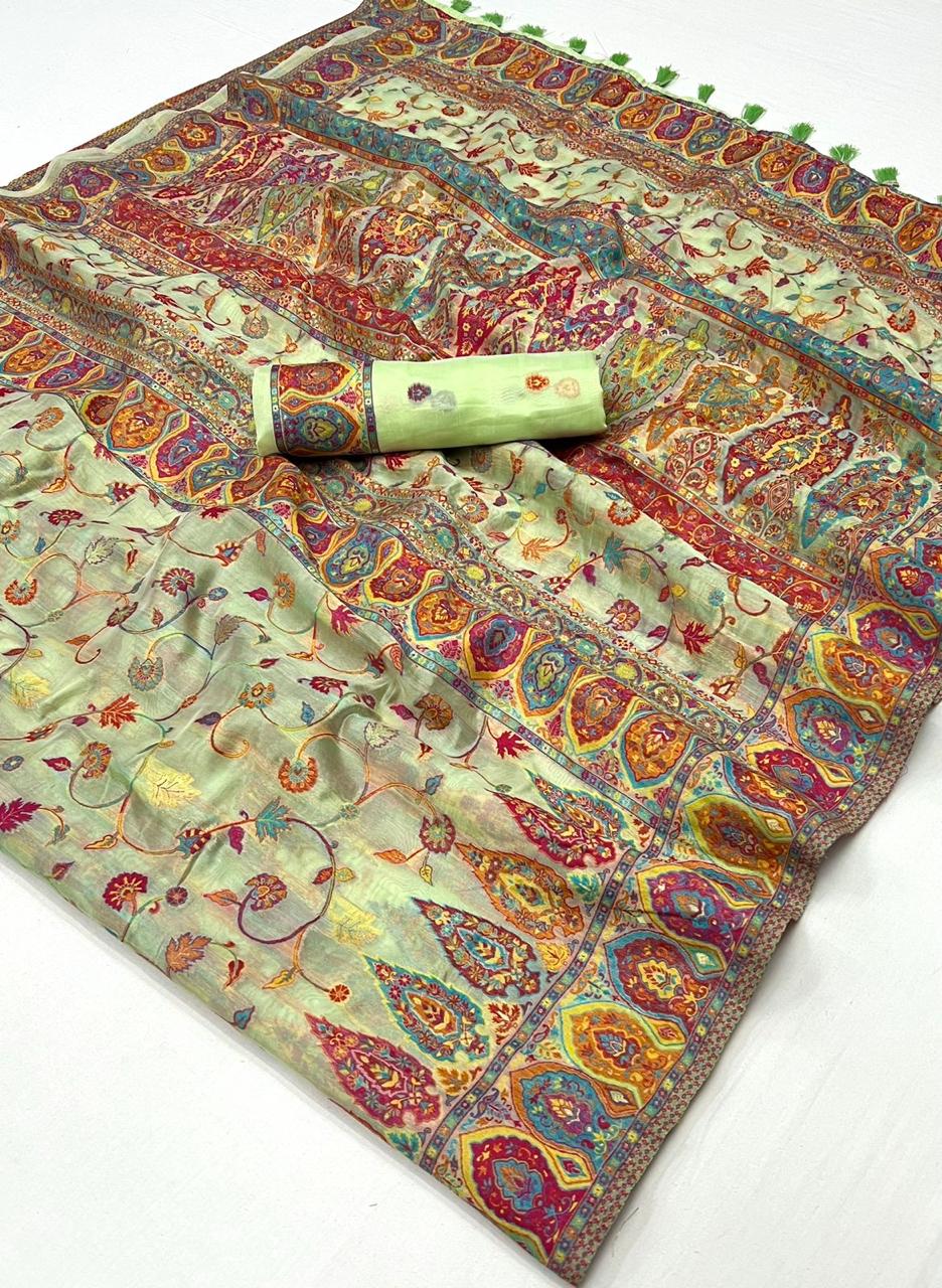 Tea Light Green Kashmiri Kani Silk Saree with Designer Blouse