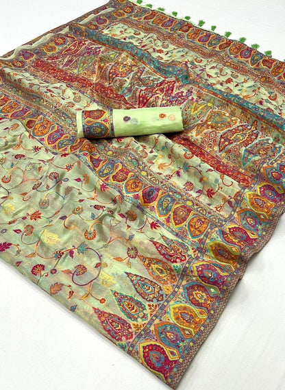 Tea Light Green Kashmiri Kani Silk Saree with Designer Blouse