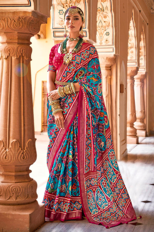 Blue & Red Border Floral Design Patola Saree with Pink Designer Blouse