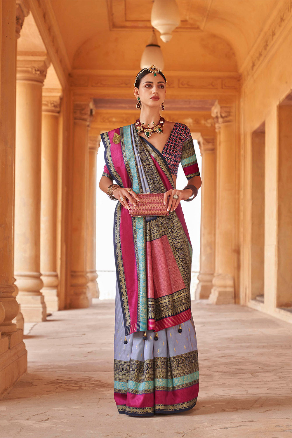 Light Blue & Pink Border Banarasi Silk Saree with Pretty Blouse
