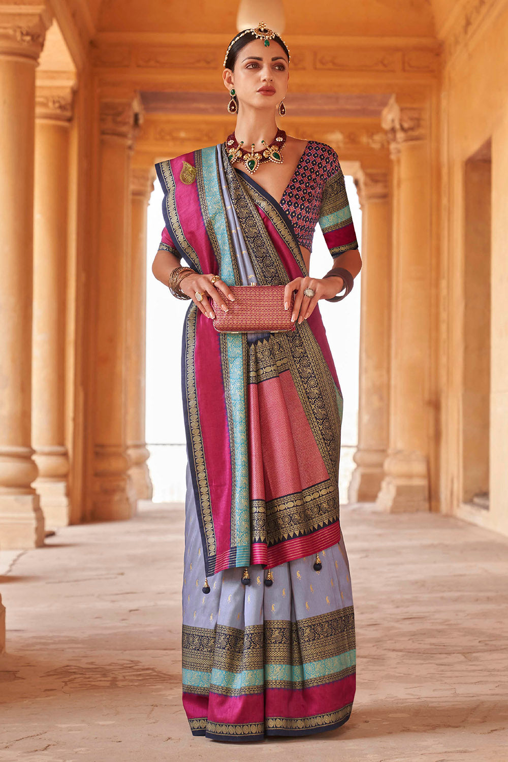 Light Blue & Pink Border Banarasi Silk Saree with Pretty Blouse