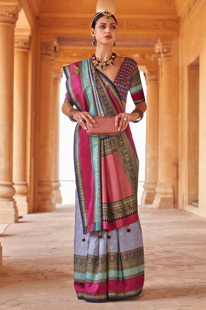 Light Blue & Pink Border Banarasi Silk Saree with Pretty Blouse
