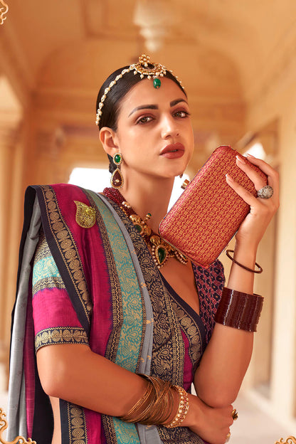 Light Blue & Pink Border Banarasi Silk Saree with Pretty Blouse