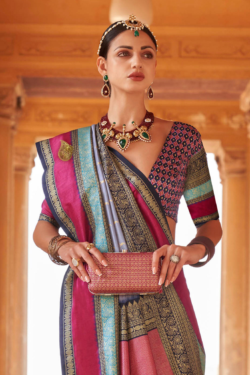Light Blue & Pink Border Banarasi Silk Saree with Pretty Blouse